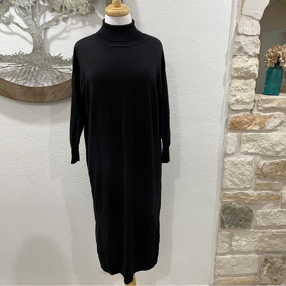 ALPHA60 Merino Wool Blend Turtleneck Midi Dress Tunic Black XS